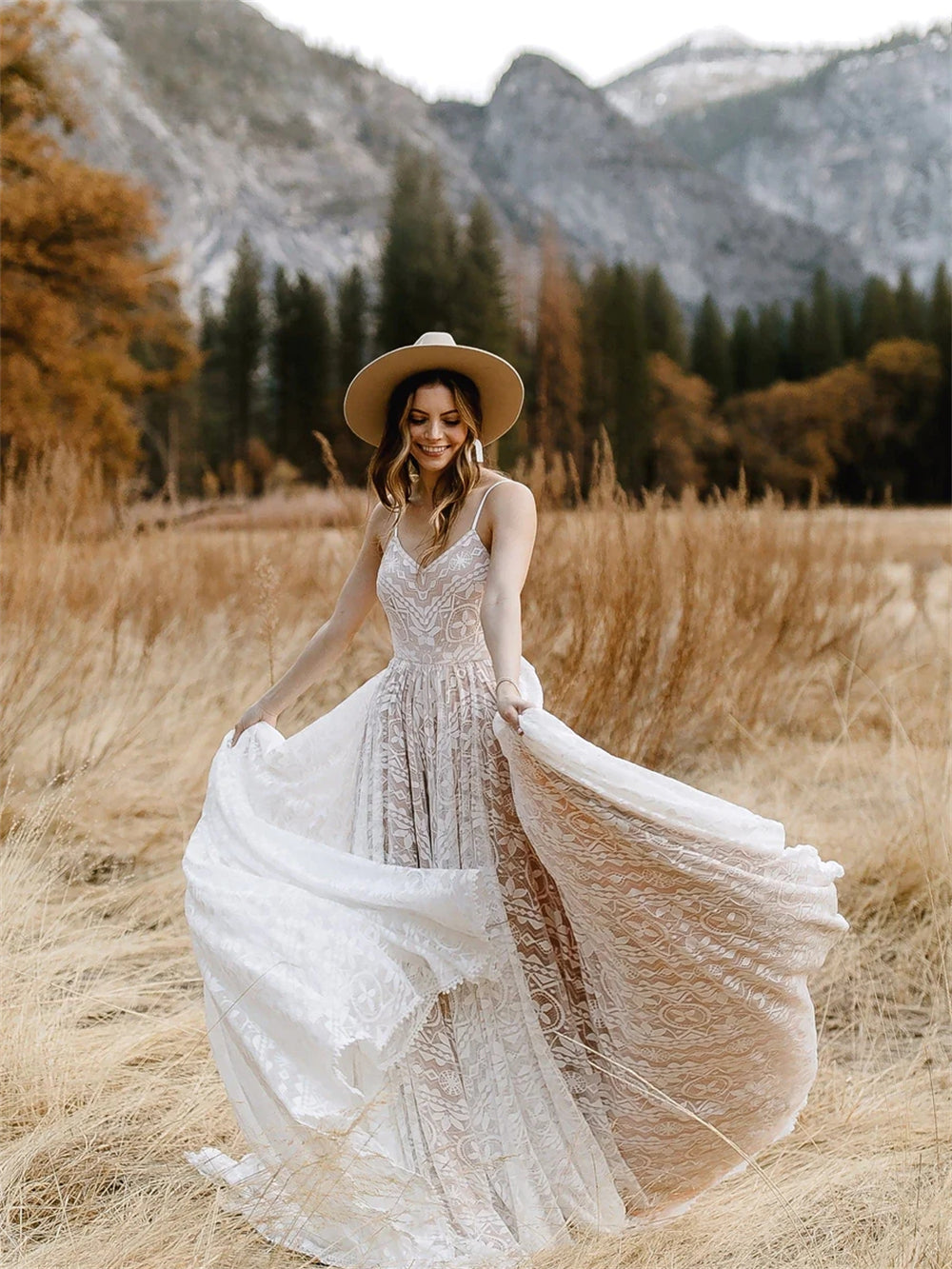 Straps Bohemian Wedding Dresses For Women Sleeveless V Neck A Line Beach Bride Dresses Romantic Boho Bridal Gown-payinti