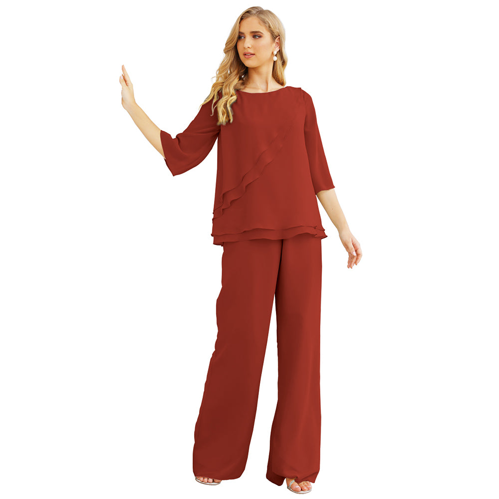 Sunnderly Chiffon Mother of The Bride Dress Plus Size Pant Suits Ruffle Layers