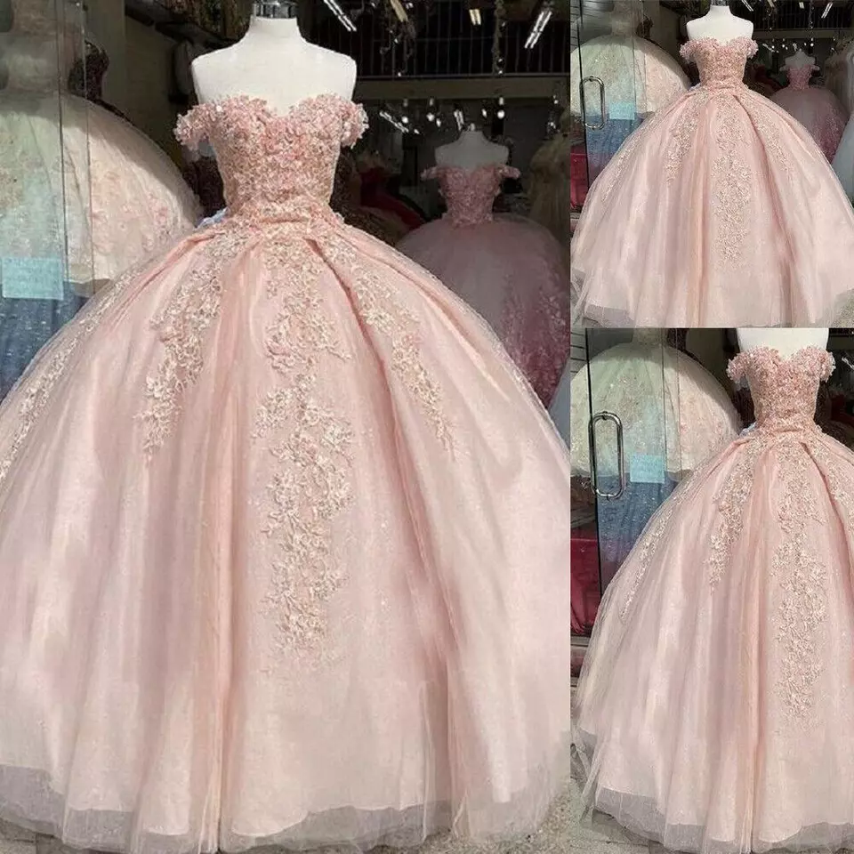 Vestido de quinceañera rosa con hombros descubiertos y apliques de encaje, vestido de fiesta para dulces 16 Y395