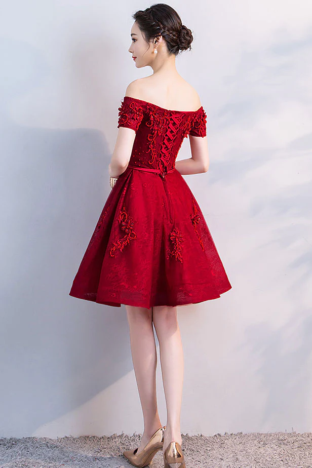 Vestido corto de fiesta con encaje de tul burdeos Y256