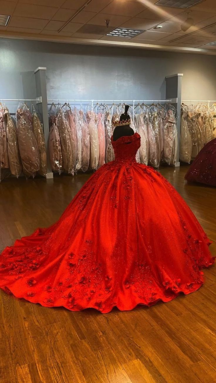 Luxurious Red 3D Flowers Ball Gown,Sweet 16 Dress,Quinceanera Dress Y5321
