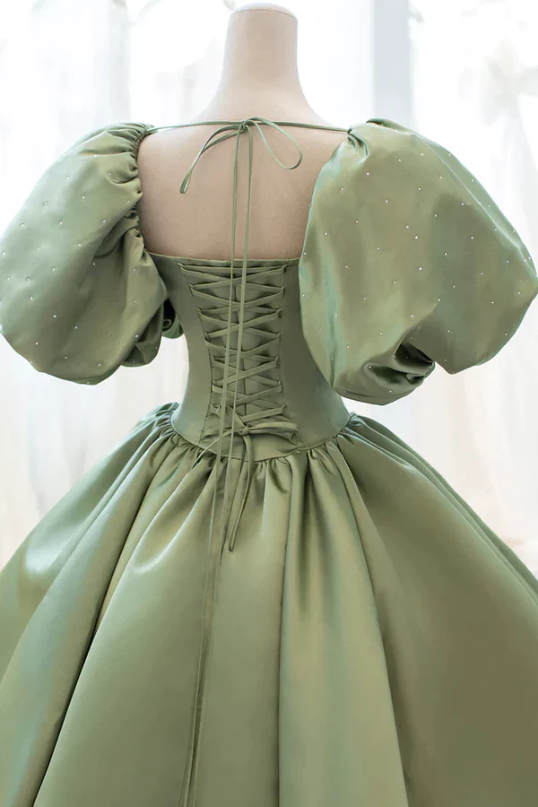 Satin Ball Gown Long Prom Dress Short Sleeves Evening Dress Y4313