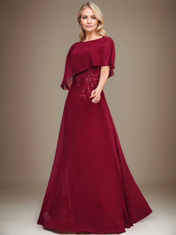 A-Linie U-Ausschnitt Bodenlang Chiffon Spitze Kleid für die Brautmutter mit Pailletten und Perlen