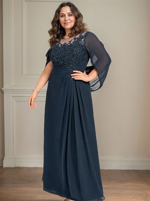 Vestidos de madre de la novia de corte A/princesa, largo hasta el suelo, con escote redondo, plisados y lentejuelas