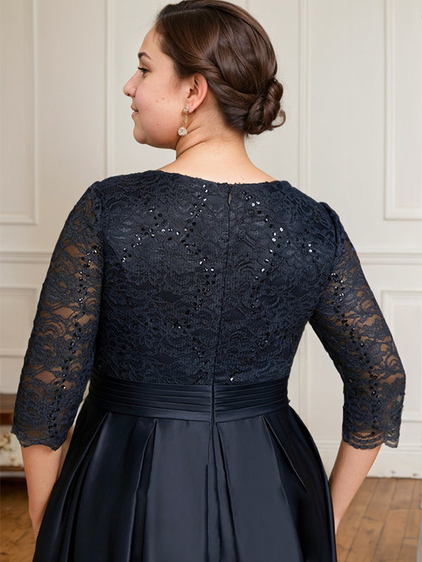 A-Linie V-Ausschnitt Bodenlanges Satin-Spitzenkleid für die Brautmutter mit Paillettenschleife