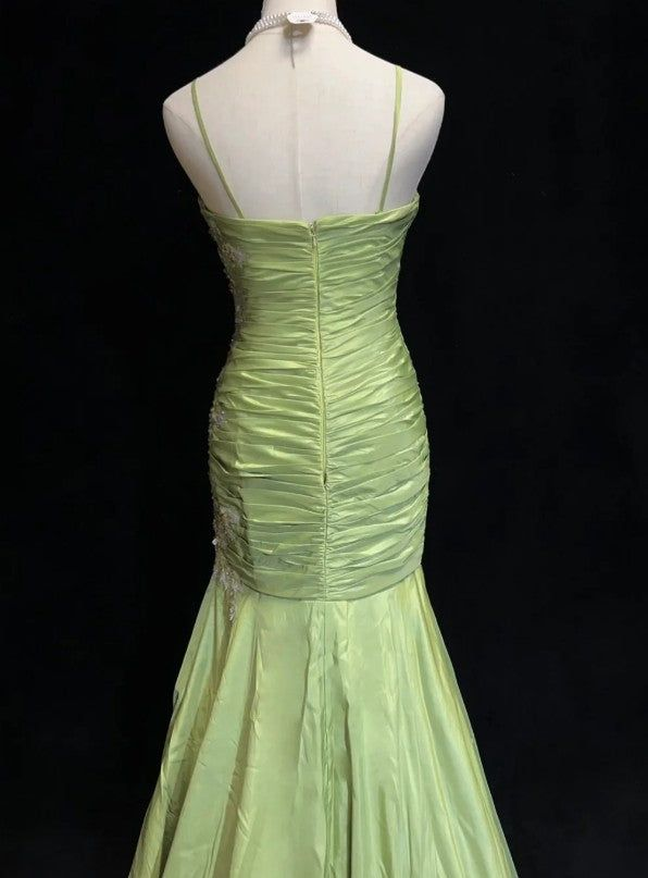 Vintage Green Mermaid Satin Beaded Sequin Evening Dress Spaghetti Strap Long Prom Dress Y8556