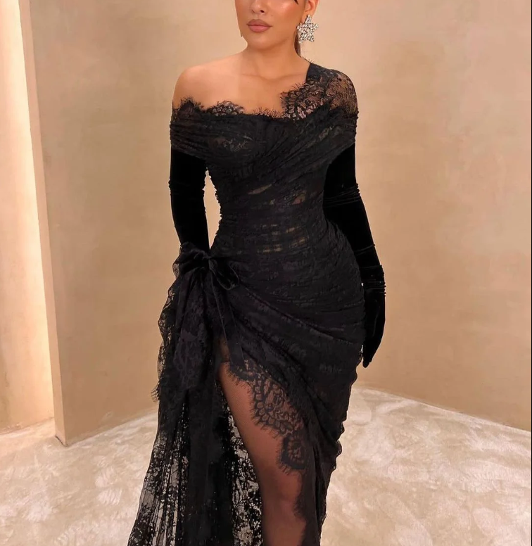 Elegante vestido de fiesta de encaje negro asimétrico con abertura alta, vestido de noche largo Y7984