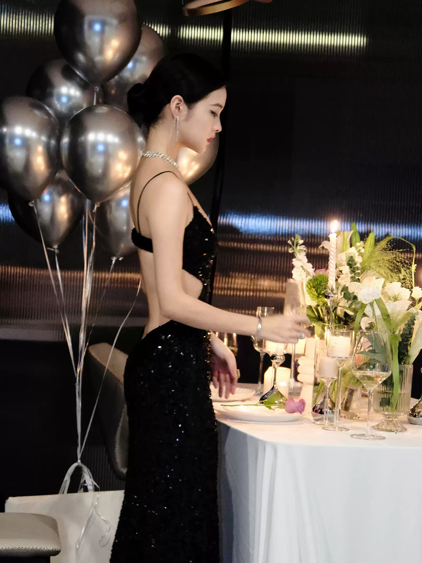 Vestido de noche negro brillante con lentejuelas, sexy, sin espalda Y1124