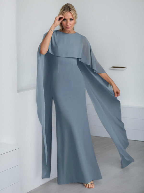 Bodenlanges Etui-Kleid aus Chiffon mit U-Ausschnitt und kaskadierenden Rüschen