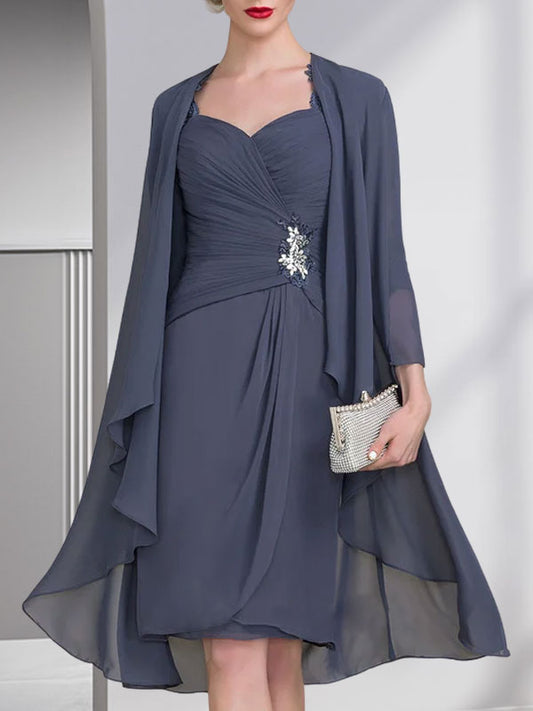 Etui-Linie Herzausschnitt Knielang Chiffon Kleid für die Brautmutter mit Perlenbesatz Applikationen Spitze Pailletten Gefaltet