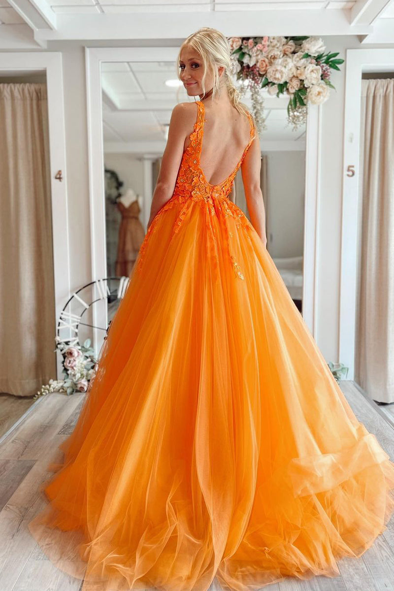 Marigold | Langes A-Linien-Ballkleid aus Tüll mit V-Ausschnitt und Applikationen