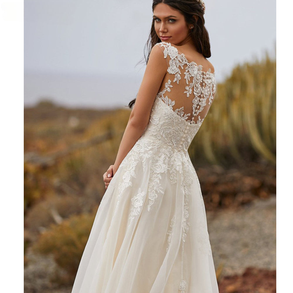 Simple A Line Wedding Dresses 2023 Sexy V Neck Sleeveless Lace Appliques Sweep Train For Women Bridal Gowns Buttons Back Robes-payinti