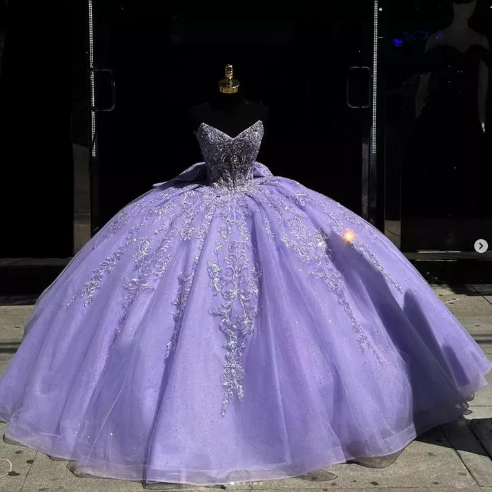Glitzerndes Lavendel-Tüll-Prinzessin-Quinceanera-Kleid, süßes 16. Geburtstagsparty-Ballkleid, Y7473