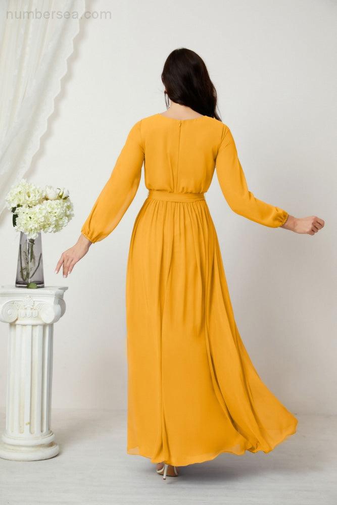 Sunnderly Evening Dresses Deep V-Neck Chiffon Bridesmaid Dresses Long Bishop Sleeve Side Split Formal Dress SY2806