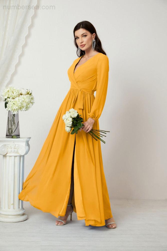 Sunnderly Abendkleider, tiefer V-Ausschnitt, Chiffon, Brautjungfernkleider, lange Bischofsärmel, seitlicher Schlitz, formelles Kleid, SY2806