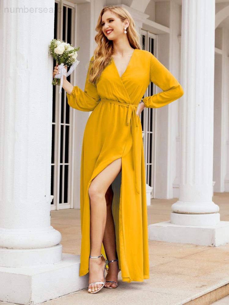 Sunnderly Damen Chiffon Brautjungfernkleid A-Linie Lange Ärmel Formales Abendkleid Ballkleid für Hochzeitsgäste SY28032