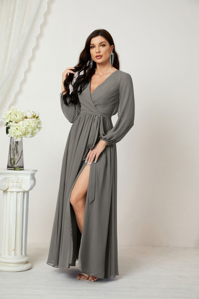 Sunnderly Evening Dresses Deep V-Neck Chiffon Bridesmaid Dresses Long Bishop Sleeve Side Split Formal Dress SY2806