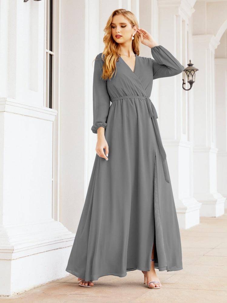 Sunnderly Damen Chiffon Brautjungfernkleid A-Linie Lange Ärmel Formales Abendkleid Ballkleid für Hochzeitsgäste SY28032