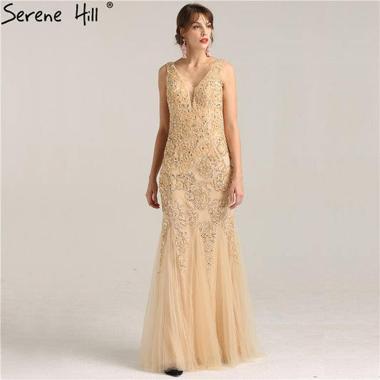 En oferta, sin devolución ni reembolso. Oferta, vestido de noche de sirena sexy de lujo con escote en V profundo y cuentas de cristal, elegante vestido de noche de tul a la moda, foto real LA6249