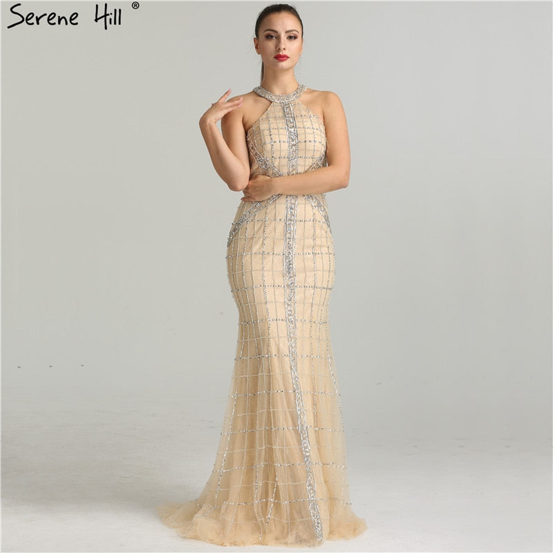 En oferta, sin devolución ni reembolso, venta de lo último en moda, vestidos de noche de sirena sexys con cuello halter y cuentas, vestido de fiesta de noche elegante de lujo, foto real LA6124