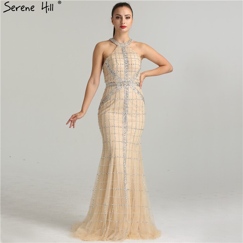 En oferta, sin devolución ni reembolso, venta de lo último en moda, vestidos de noche de sirena sexys con cuello halter y cuentas, vestido de fiesta de noche elegante de lujo, foto real LA6124