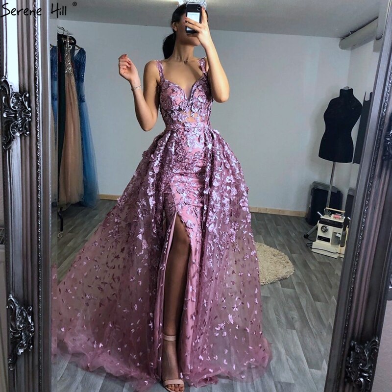2025 Pink Sleeveless Handmade Flowers Evening Dresses Crystal Sexy Luxury Tulle Evening Gowns Real Photo LA60717