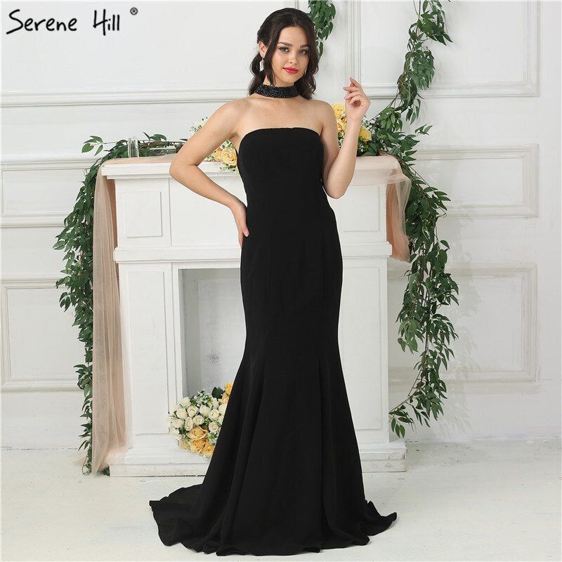 En oferta, sin devolución ni reembolso. Oferta 2025. Vestidos de fiesta negros sexys con cuello halter, jersey sencillo, vestidos de noche formales largos LA6688.