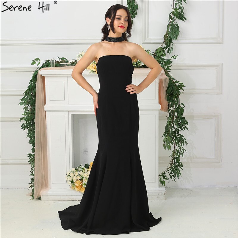 En oferta, sin devolución ni reembolso. Oferta 2025. Vestidos de fiesta negros sexys con cuello halter, jersey sencillo, vestidos de noche formales largos LA6688.