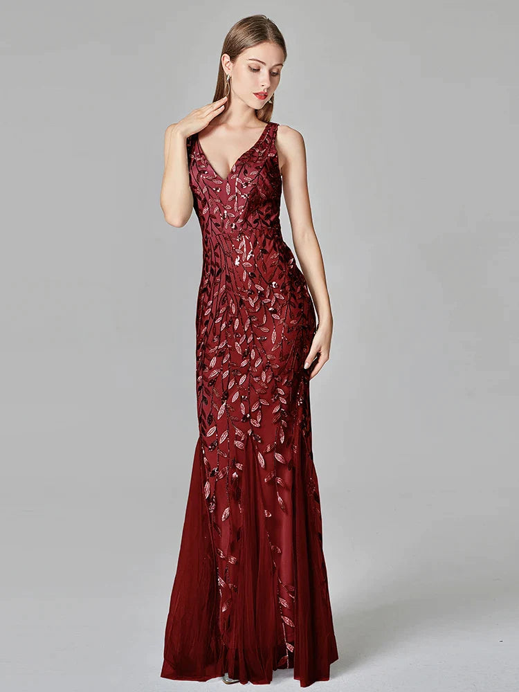 Silver Gray Elegant Fashion Evening Dresses Sexy Simple V Collar Open Back Sleeveless Embroidered Beads Fishtail Dress Gown-payinti