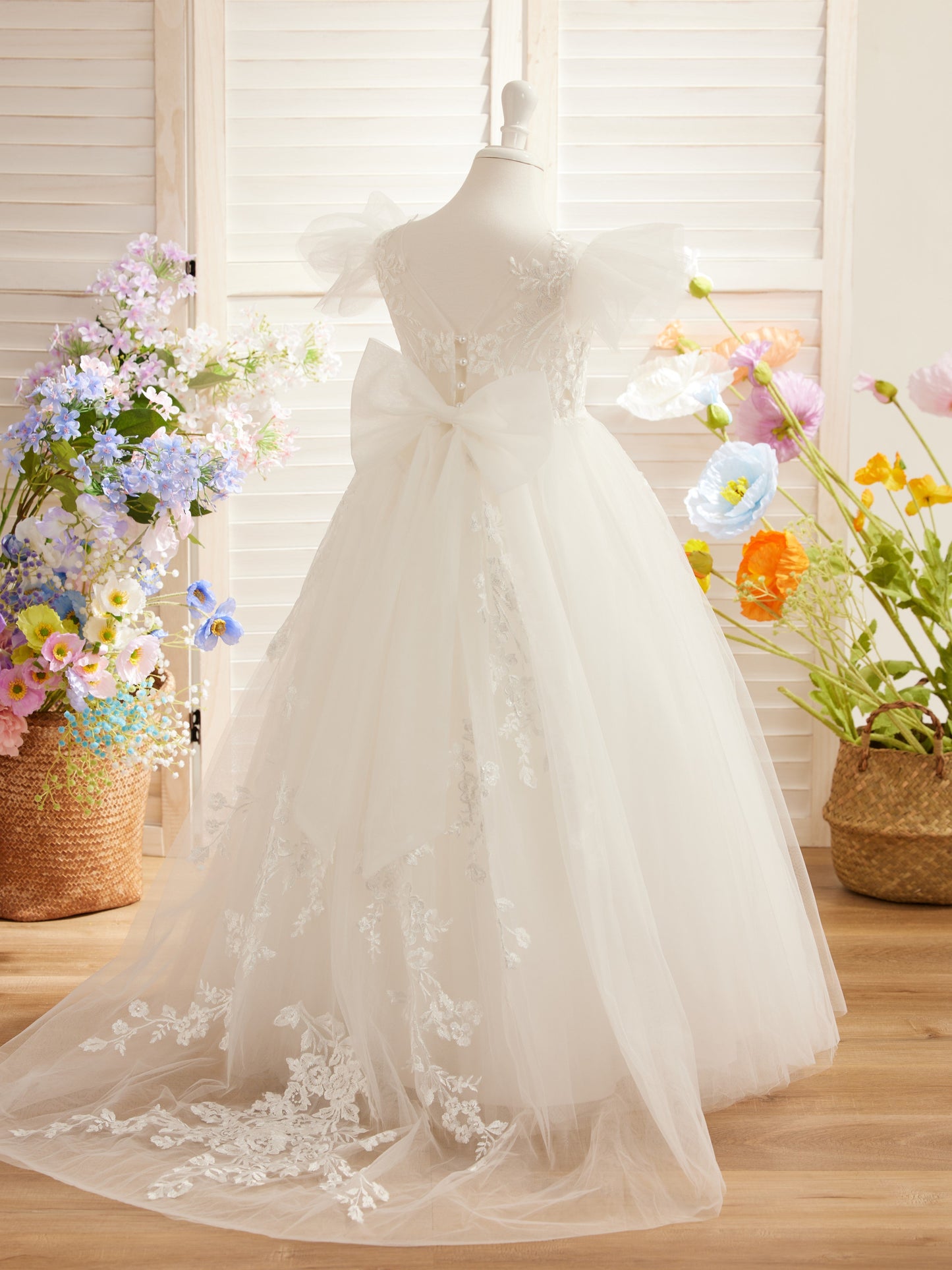 Detachable Lace Tulle Sweep Train Flower Girl Dress