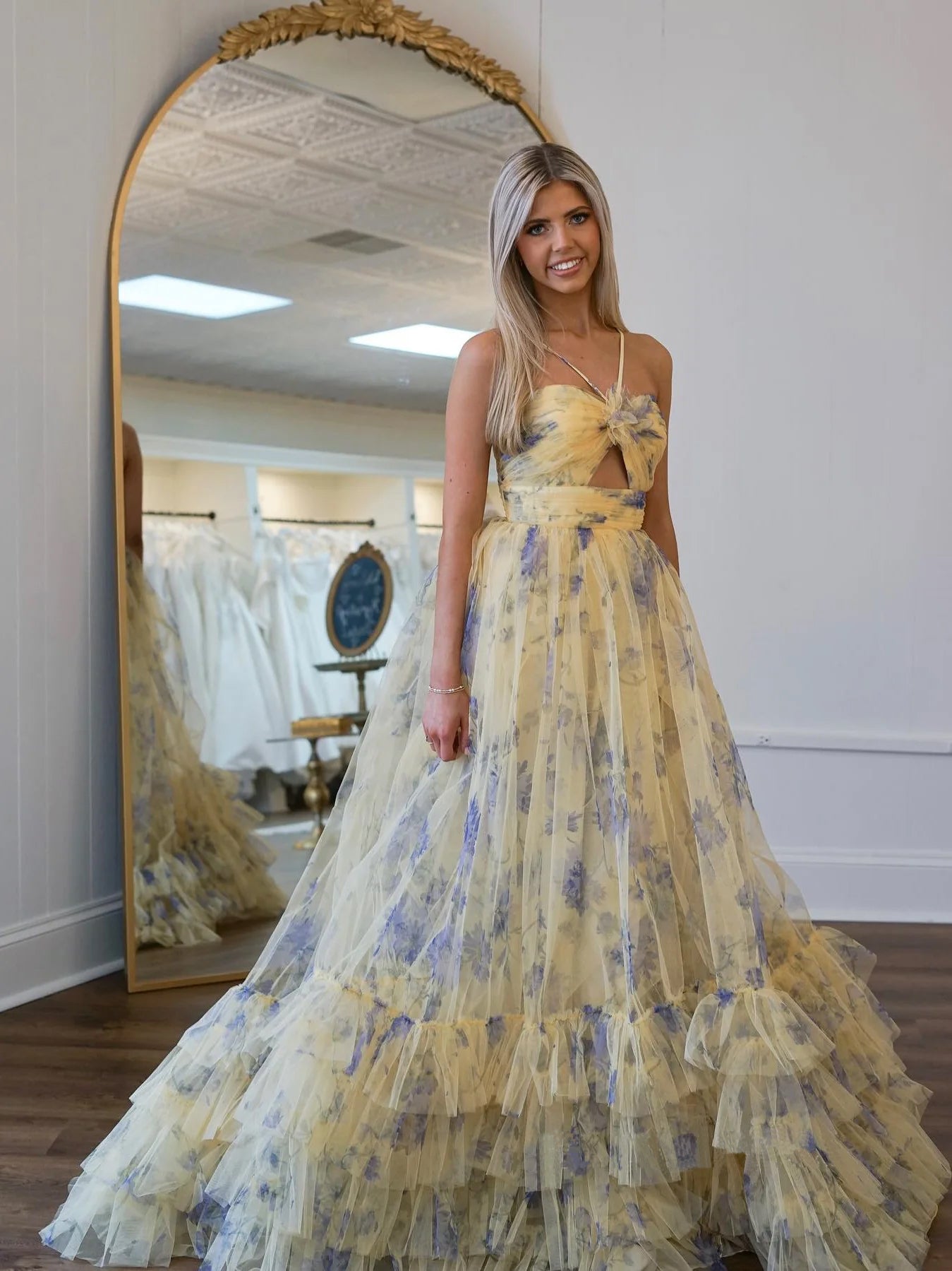 Print Halter Keyhole A-Line Long Prom Dress