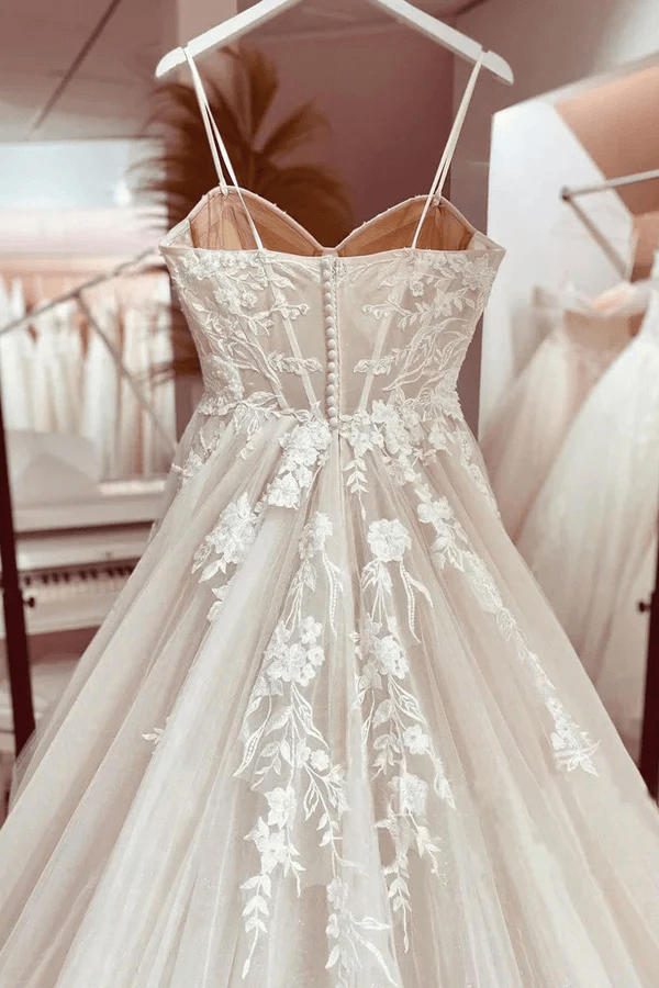 Prinzessin Spitze Brautkleid Braut Robe 2024 Vestido Spaghetti-Trägern Kapelle Zug Champagner Tüll Brautkleid