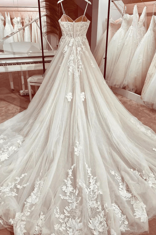 Prinzessin Spitze Brautkleid Braut Robe 2024 Vestido Spaghetti-Trägern Kapelle Zug Champagner Tüll Brautkleid