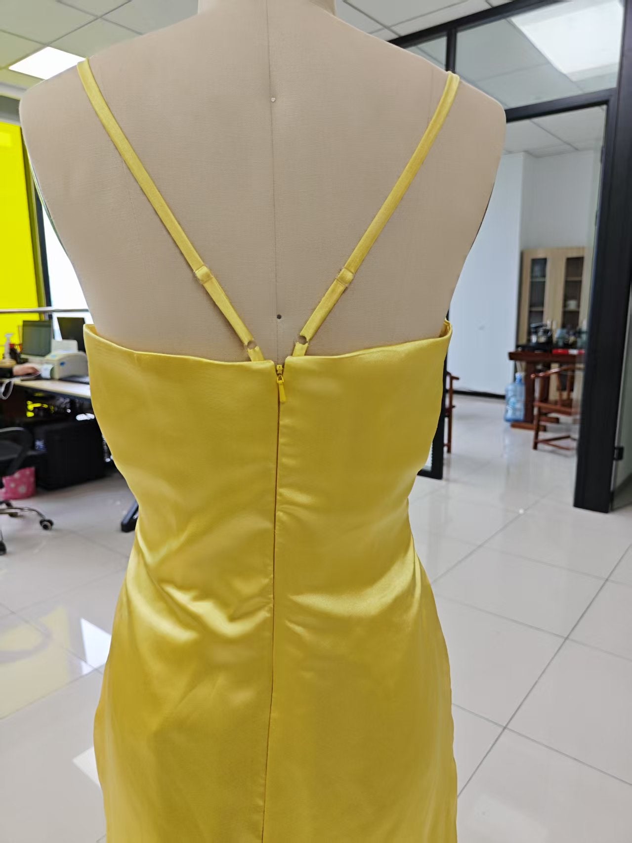 Spaghetti Strap Satin Prom Dresses Long A Line Pleated Corset Bridesmaid Formal Dress with Slit