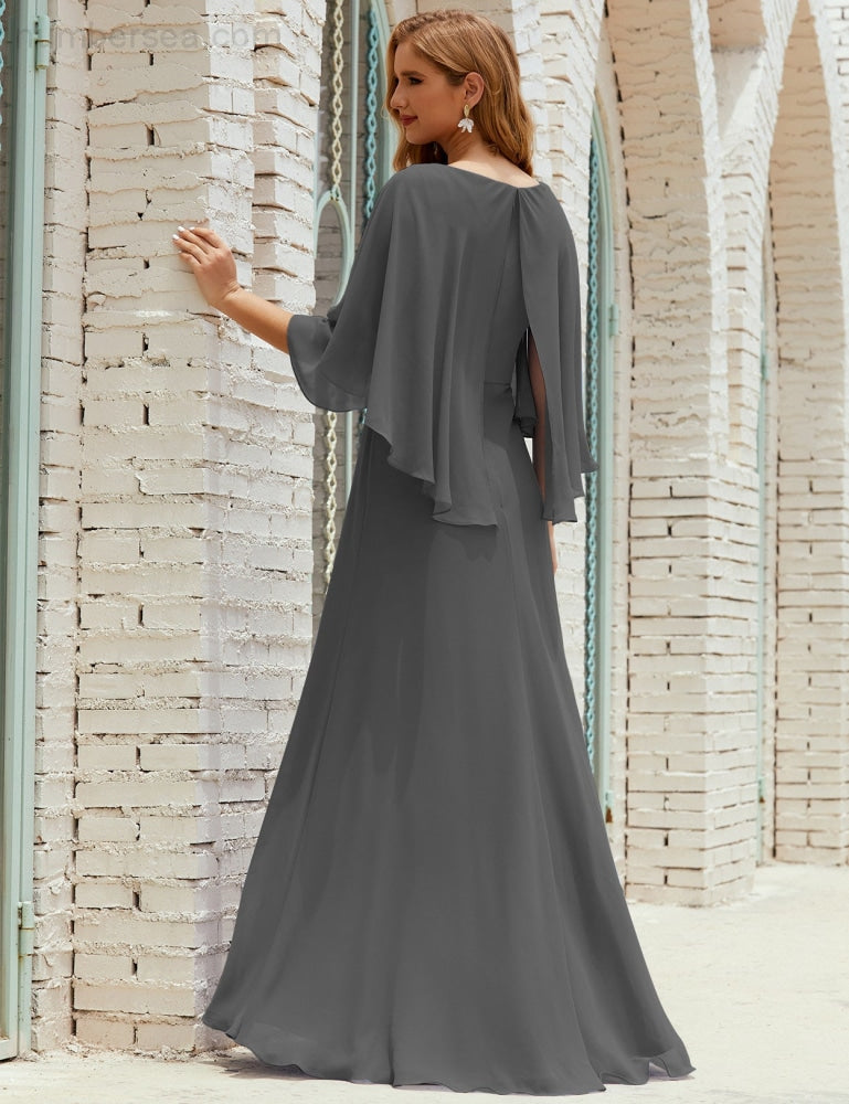 Vestido de dama de honor Sunnderly para mujer, de gasa, manga larga y cuello en V, vestido formal para boda o fiesta SY28018