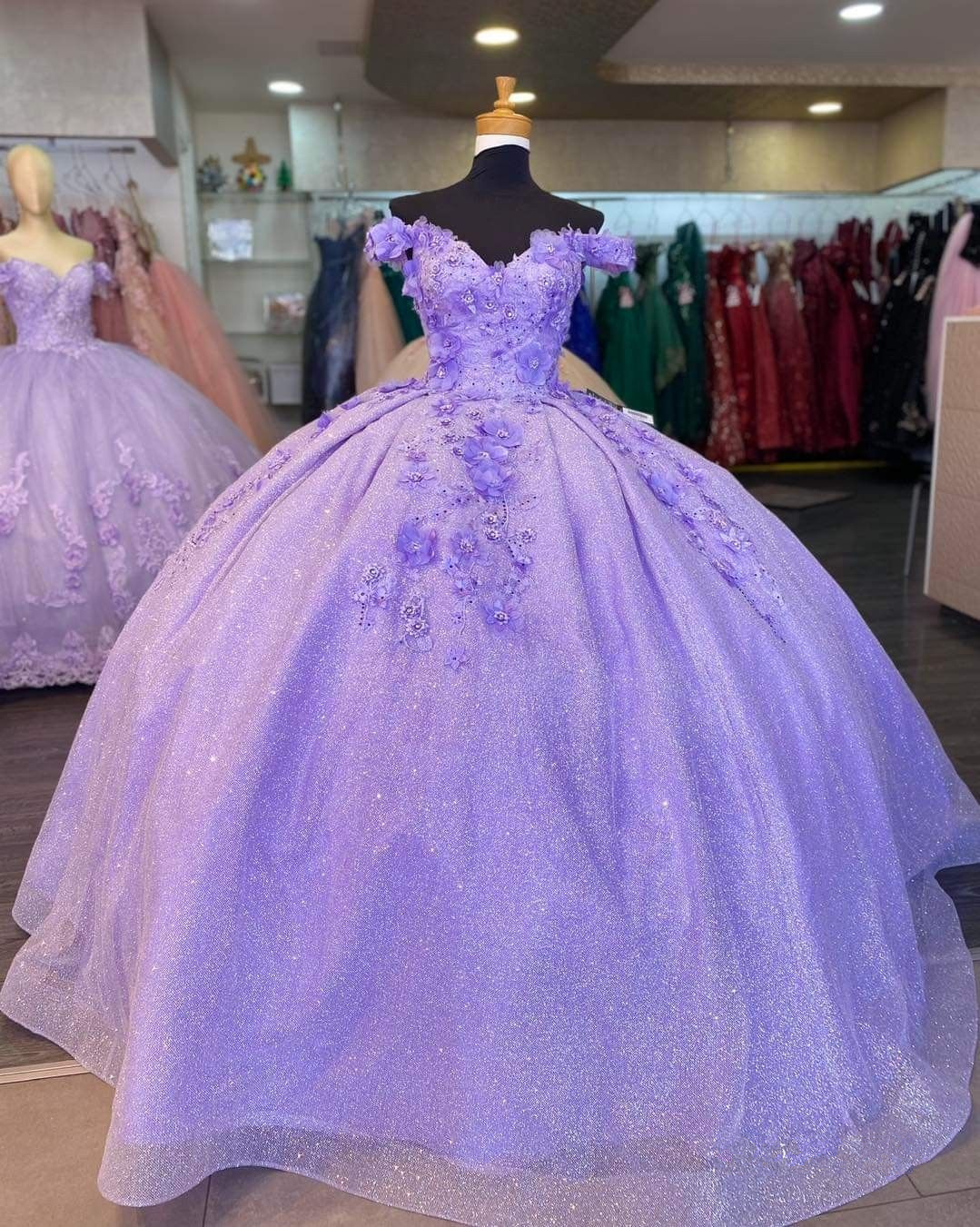 Vestido de fiesta brillante con hombros descubiertos y flores 3D para quinceañeras Y4351