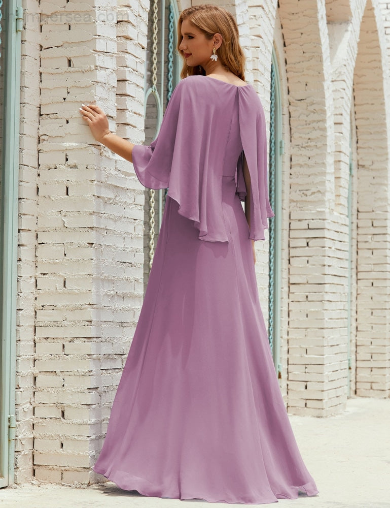 Vestido de dama de honor Sunnderly para mujer, de gasa, manga larga y cuello en V, vestido formal para boda o fiesta SY28018