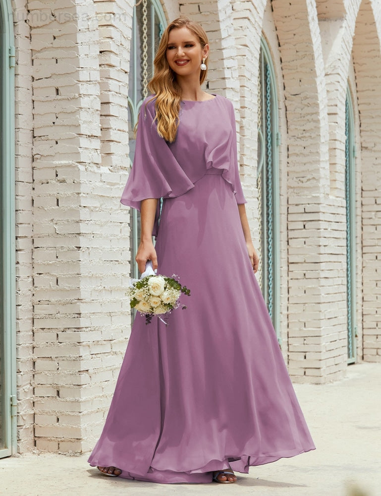 Vestido de dama de honor Sunnderly para mujer, de gasa, manga larga y cuello en V, vestido formal para boda o fiesta SY28018