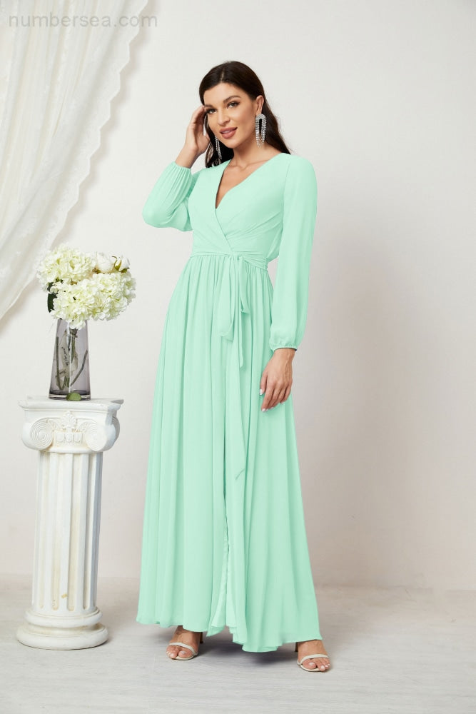 Sunnderly Evening Dresses Deep V-Neck Chiffon Bridesmaid Dresses Long Bishop Sleeve Side Split Formal Dress SY2806