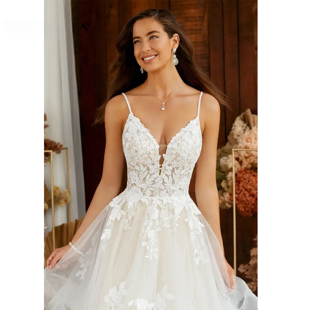 Boho Elegant Wedding Dress For Women V-Neck A-Line Tiered Lace Appliques Backless Bridal Gowns Vestidos De Novia-payinti