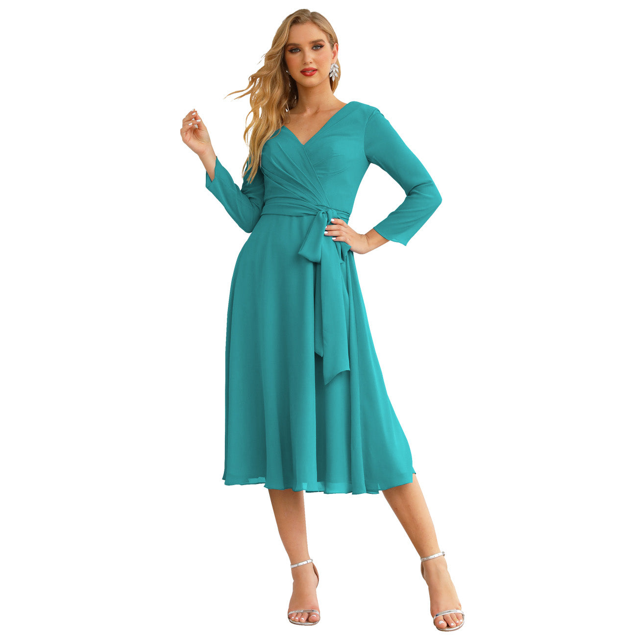Sunnderly Chiffon Bridesmaid Dress V-Back Waist Belt Formal Prom Gown Mother of The Bride Wedding Guest