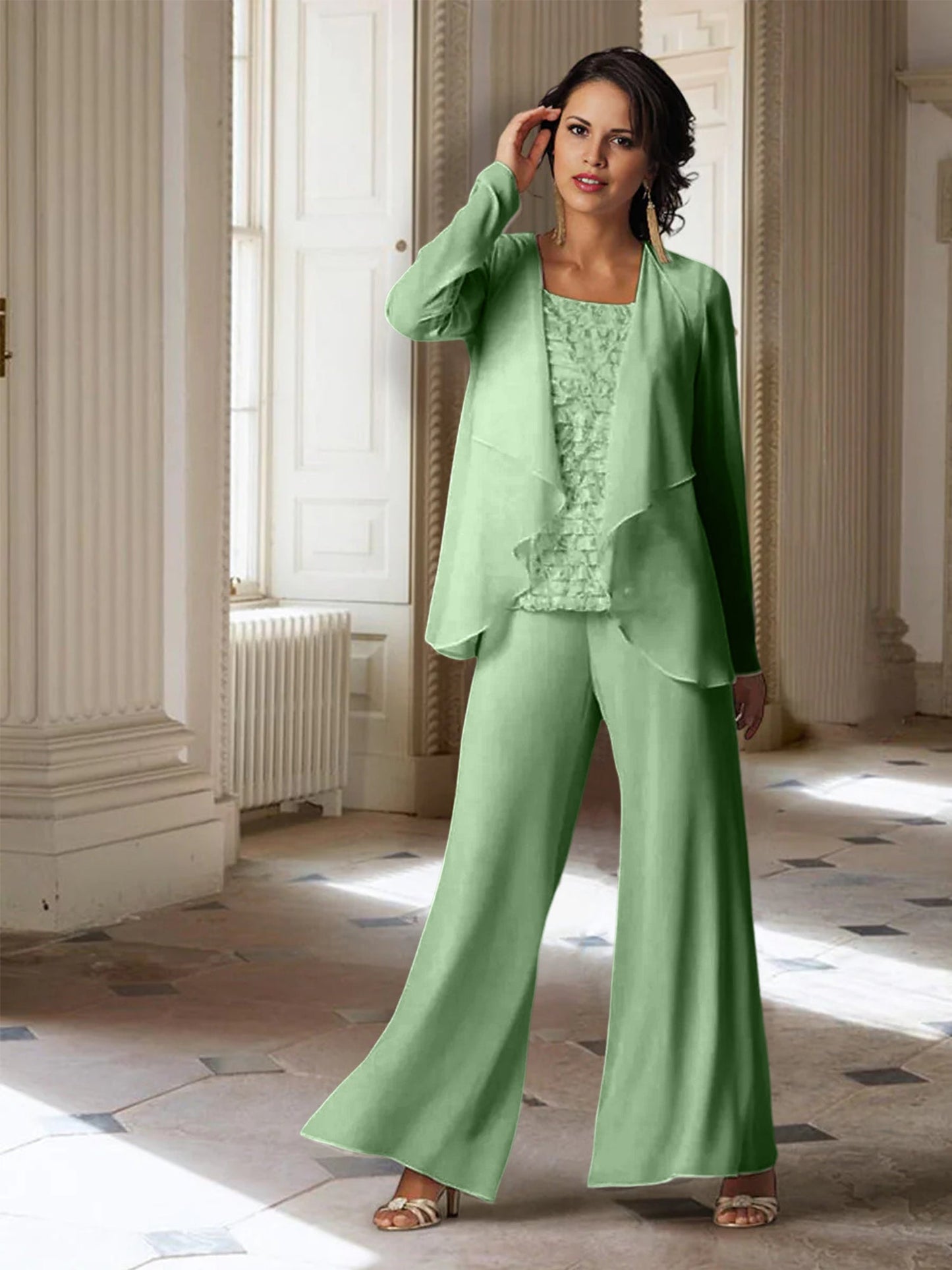 Chiffon-Hosenanzüge mit langen Ärmeln für die Mutter der Braut mit Jacke