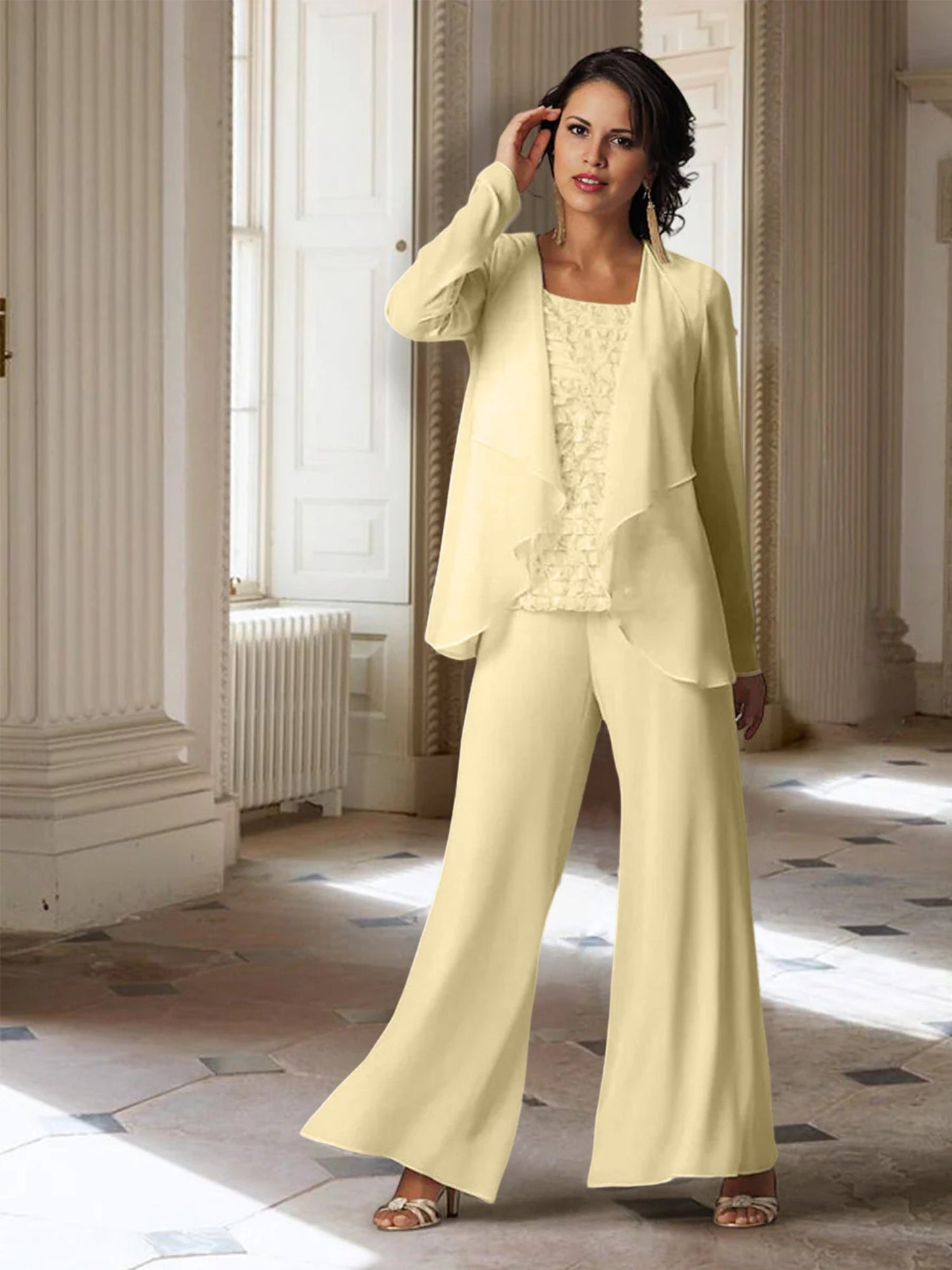 Chiffon-Hosenanzüge mit langen Ärmeln für die Mutter der Braut mit Jacke