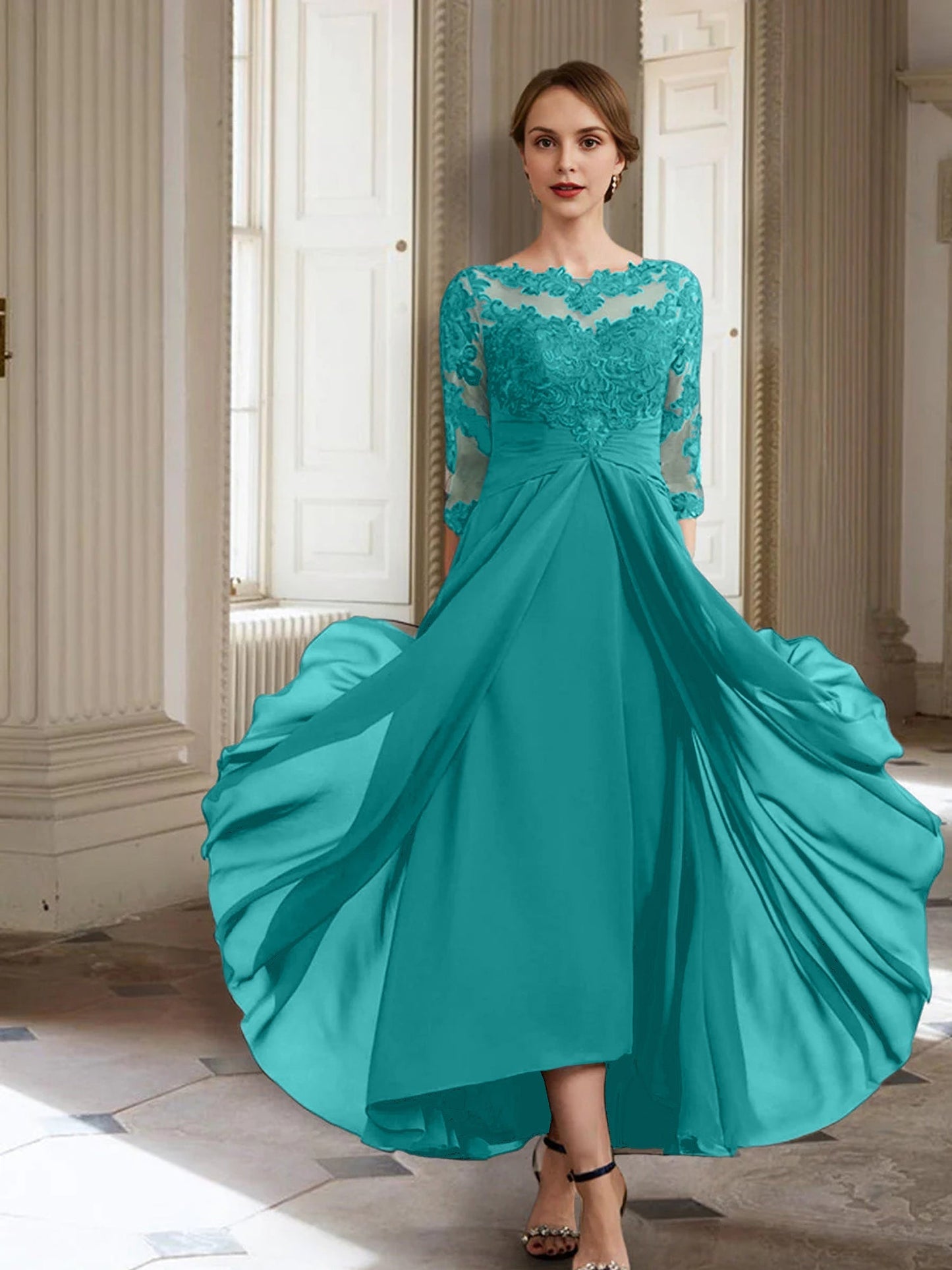 Vestidos de madre de la novia de manga larga con corte A/princesa y apliques