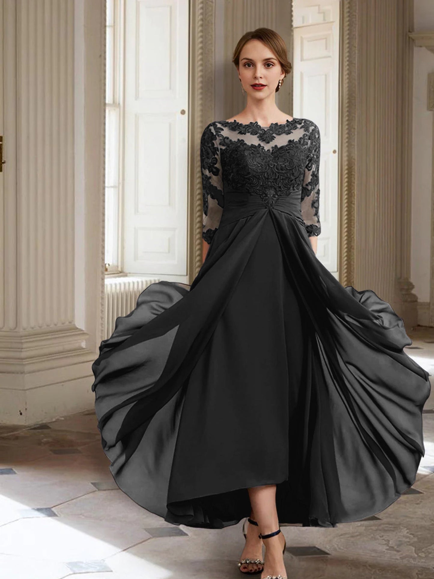 Vestidos de madre de la novia de manga larga con corte A/princesa y apliques