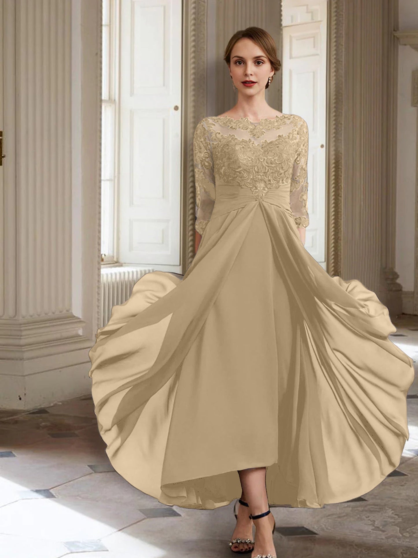 Vestidos de madre de la novia de manga larga con corte A/princesa y apliques
