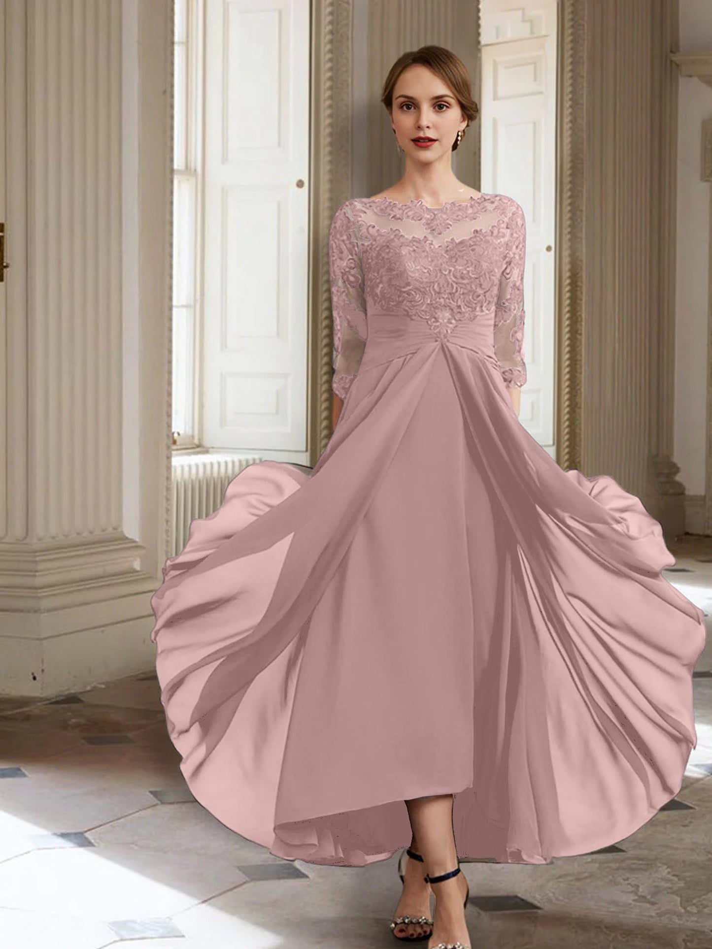 Vestidos de madre de la novia de manga larga con corte A/princesa y apliques