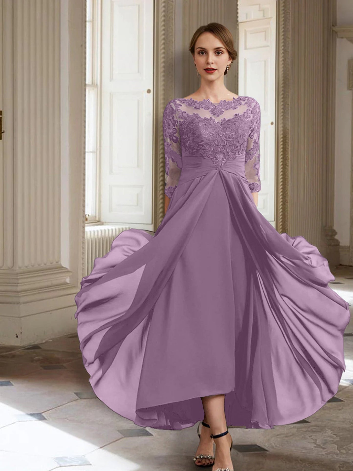 Vestidos de madre de la novia de manga larga con corte A/princesa y apliques