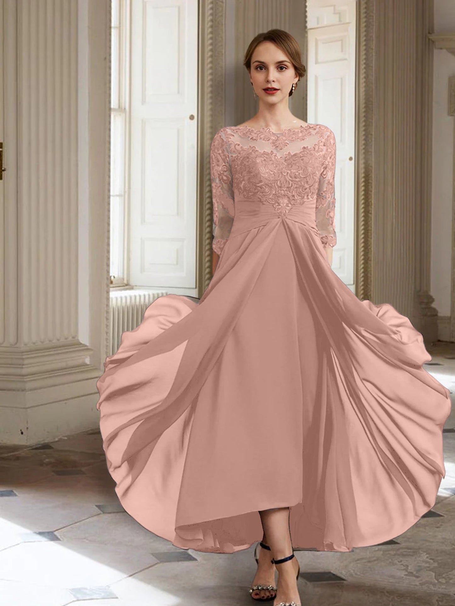 Vestidos de madre de la novia de manga larga con corte A/princesa y apliques