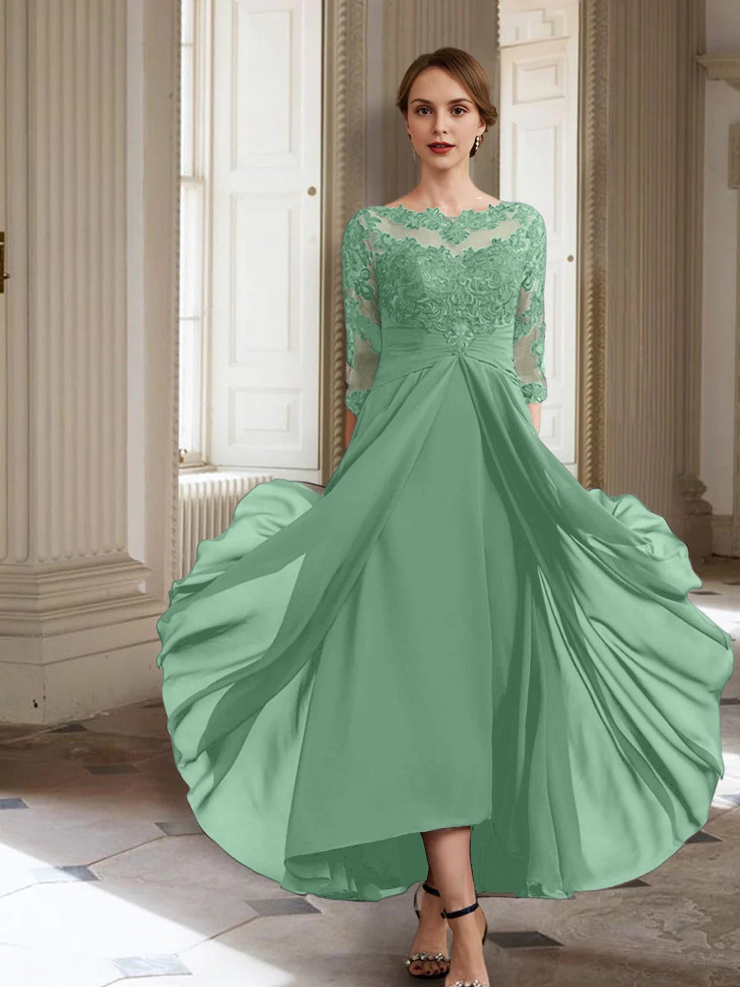 Vestidos de madre de la novia de manga larga con corte A/princesa y apliques